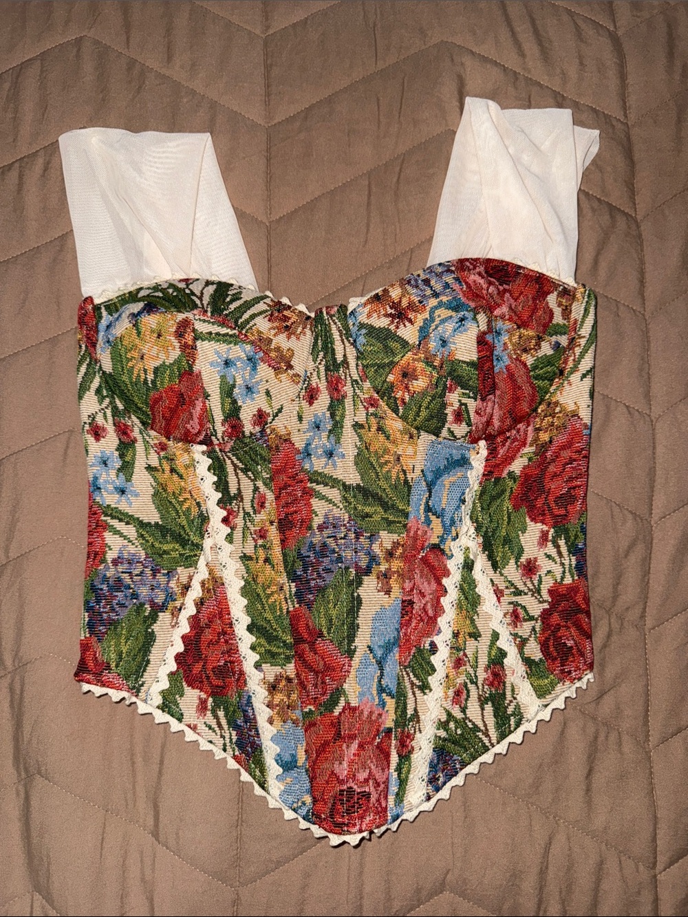 Floral Tapestry Corset Top with White Straps
